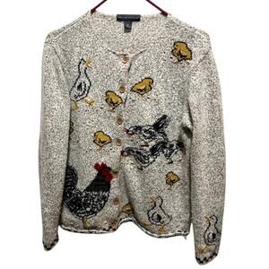 Vintage Northern Isles Chicken Cardigan Sweater Womens Medium Rooster Hen